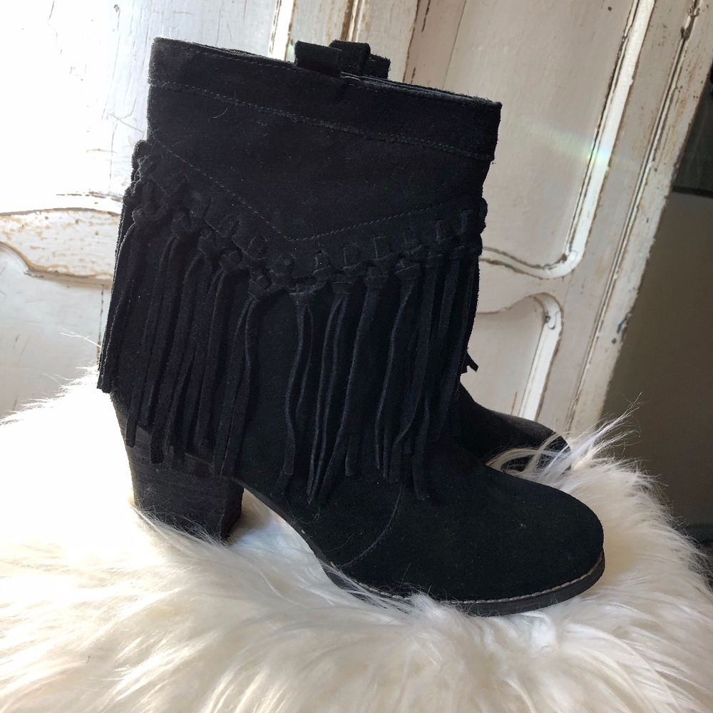boot, booties, fringe, black, suede